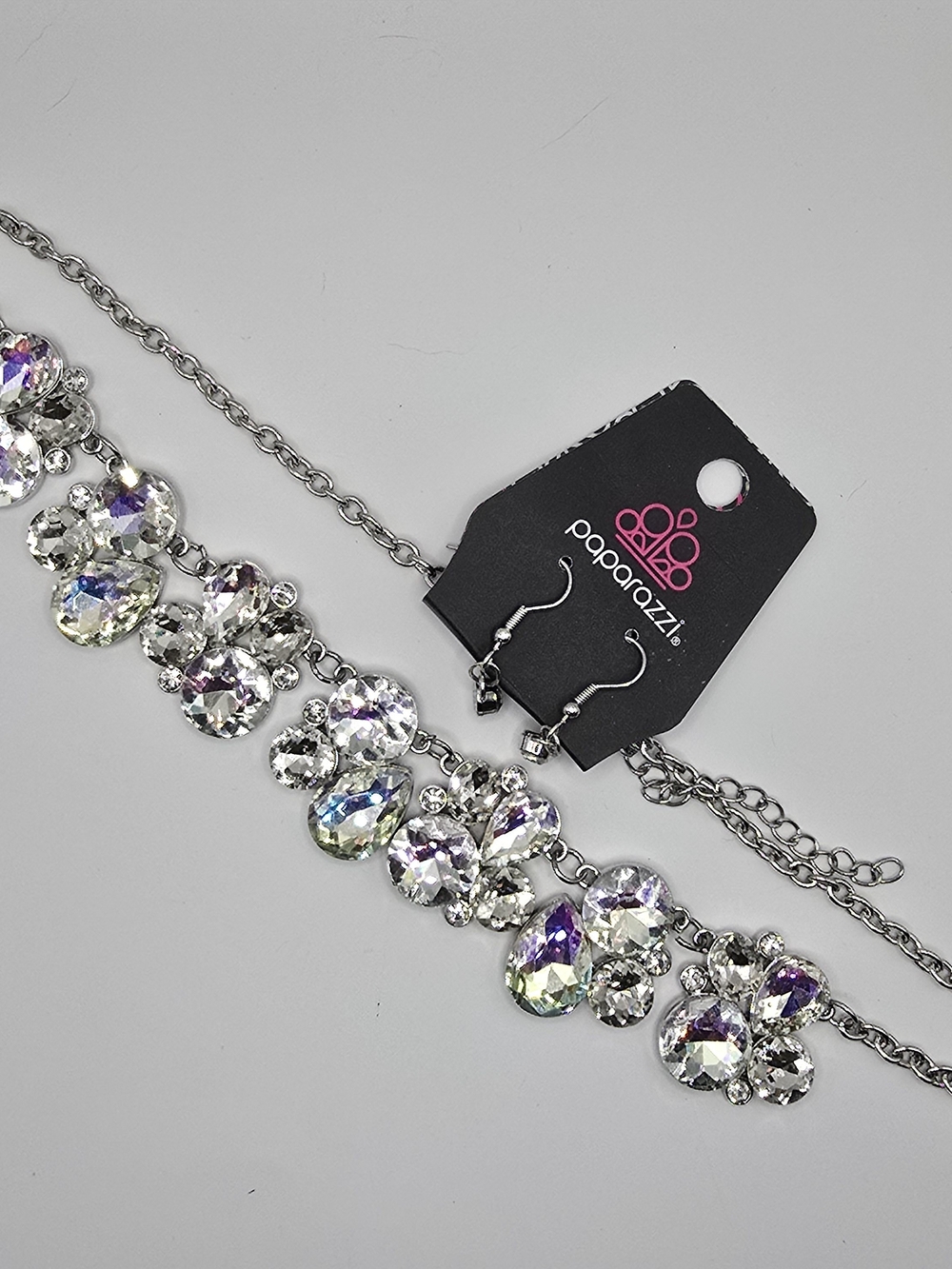 Paparazzi Silver Iridescent Crystal Necklace and Earring Set - Clear/Opal Hues